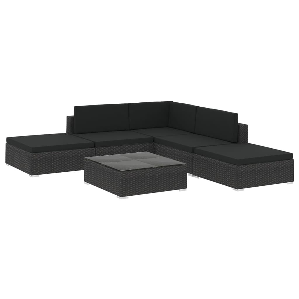 Set mobilier de grădină cu perne, 6 piese, negru, poliratan