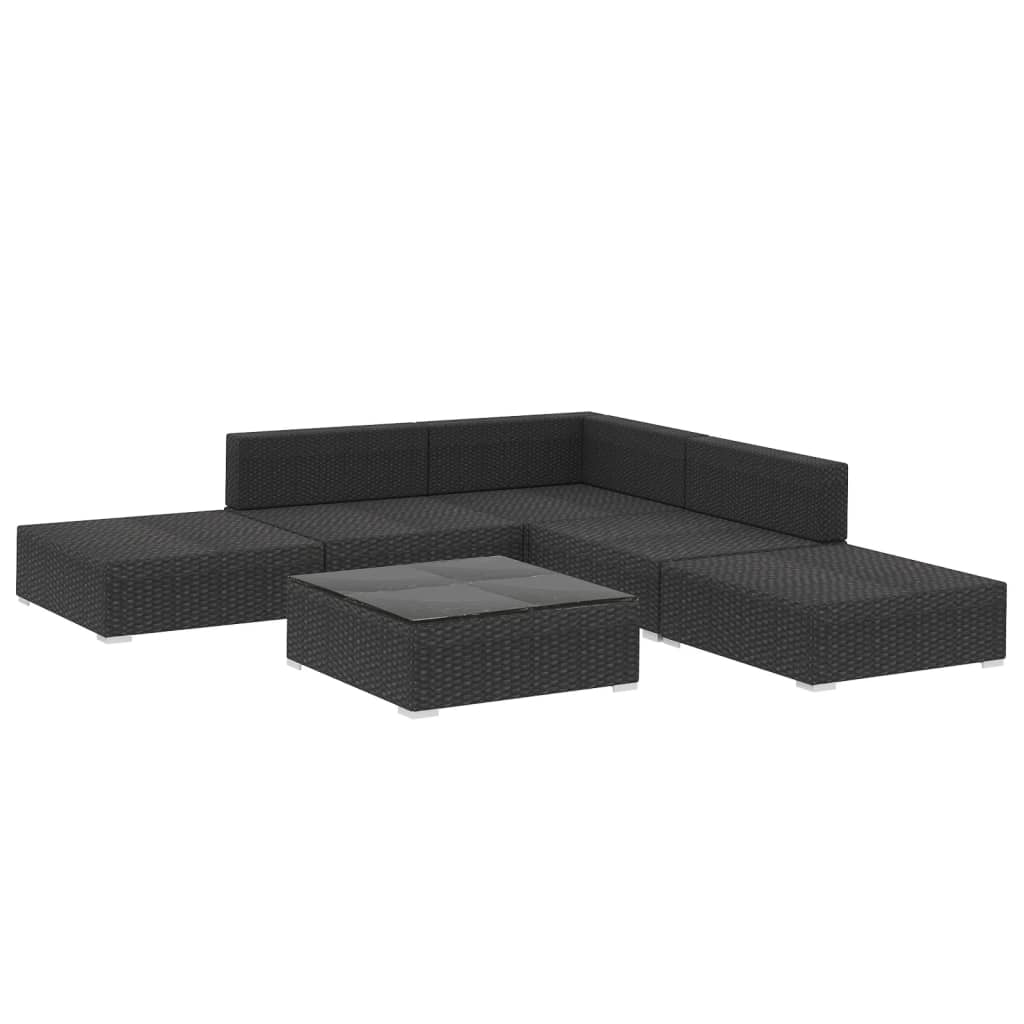 Garden furniture set with cushions, 6 pieces, black, polyrattan