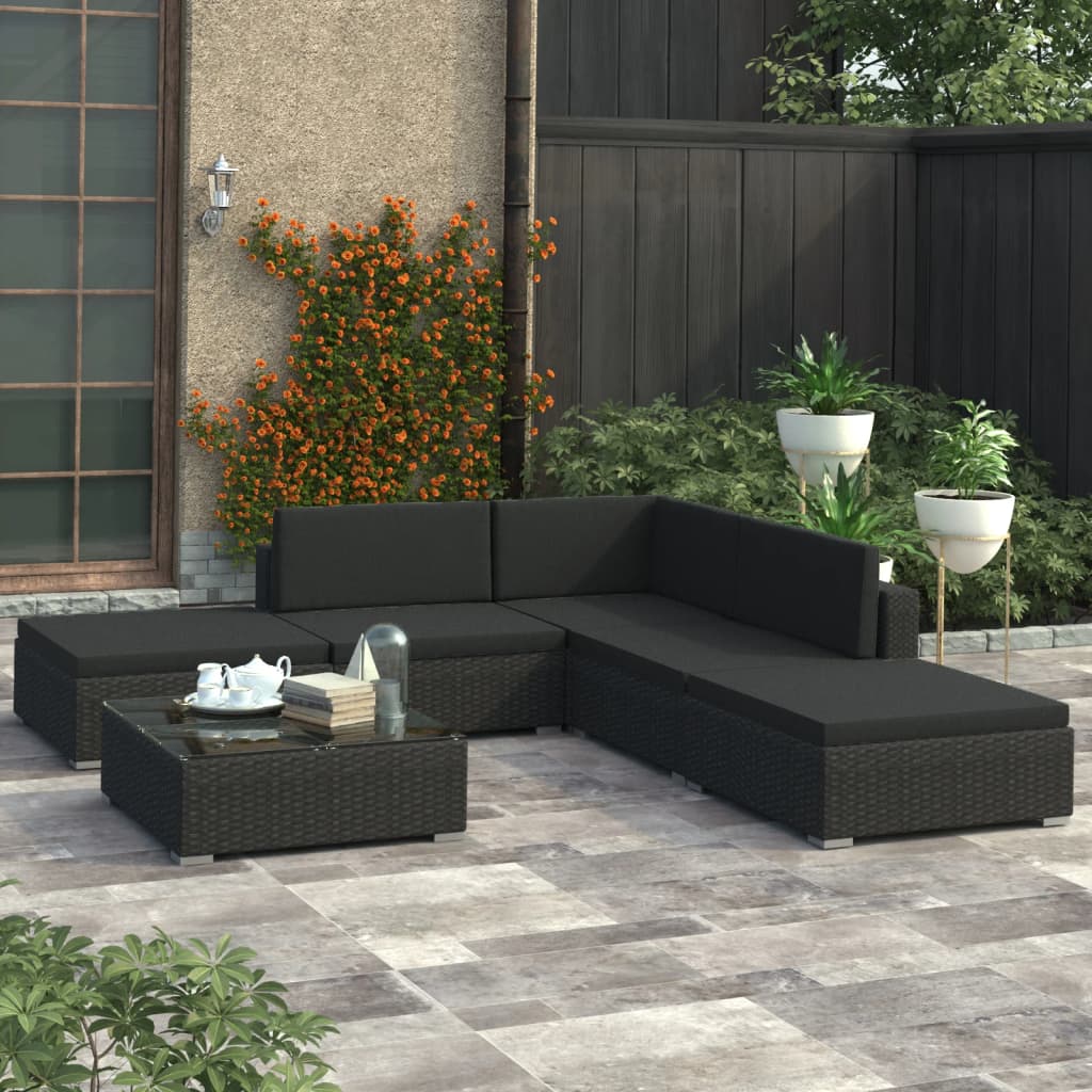 Garden furniture set with cushions, 6 pieces, black, polyrattan