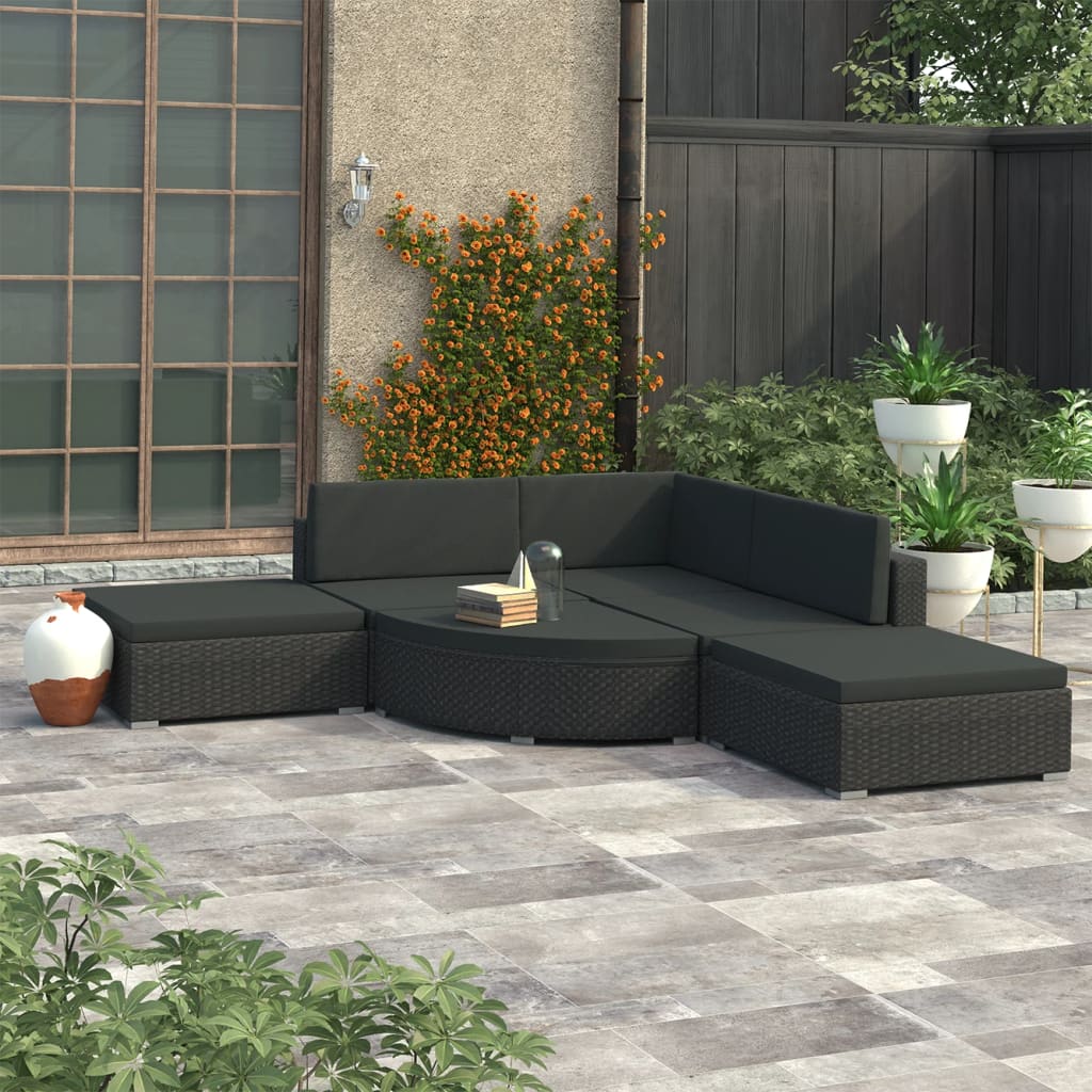 Garden furniture set with cushions, 6 pieces, black, polyrattan