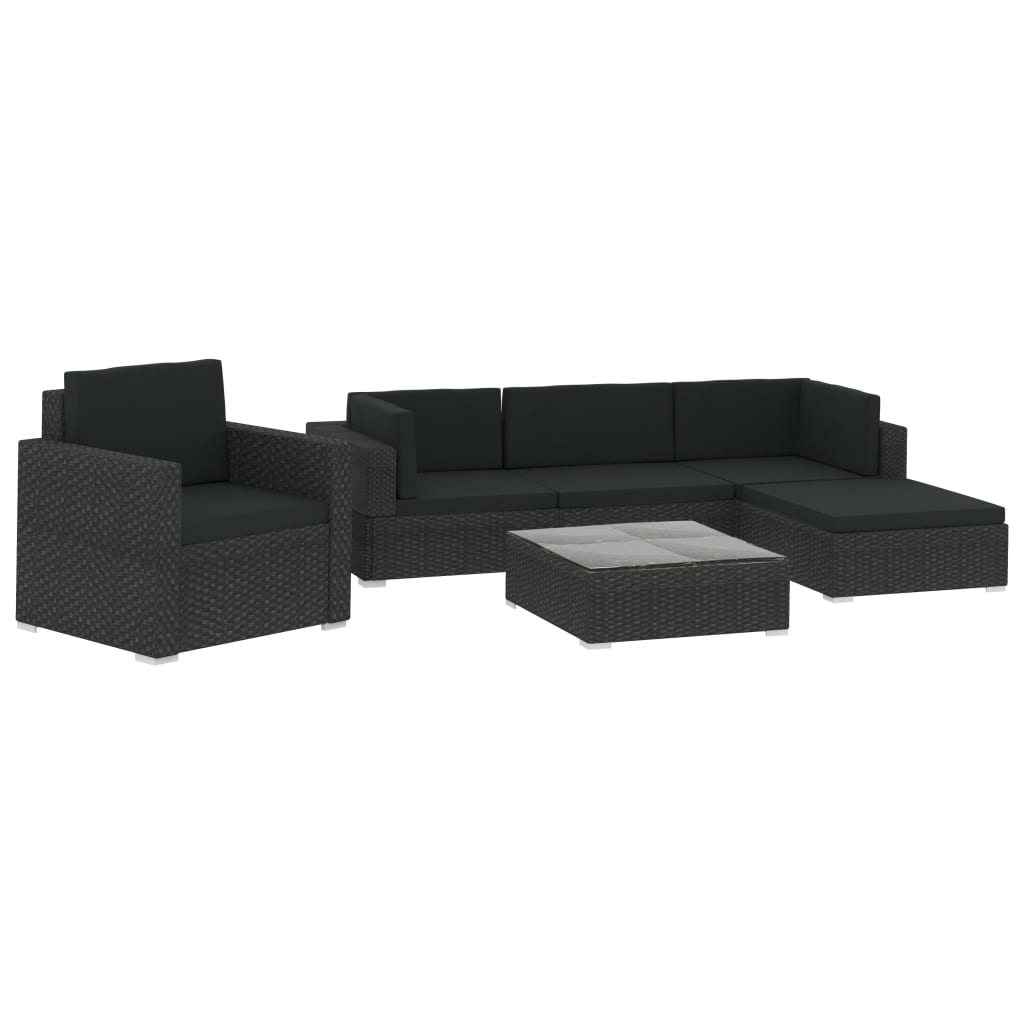 Garden furniture set with cushions, 6 pieces, black, polyrattan