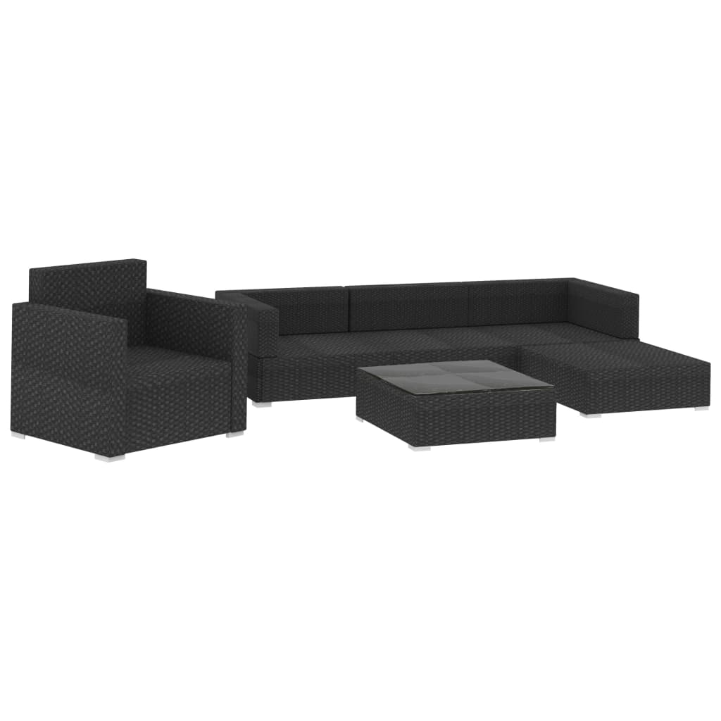 Garden furniture set with cushions, 6 pieces, black, polyrattan