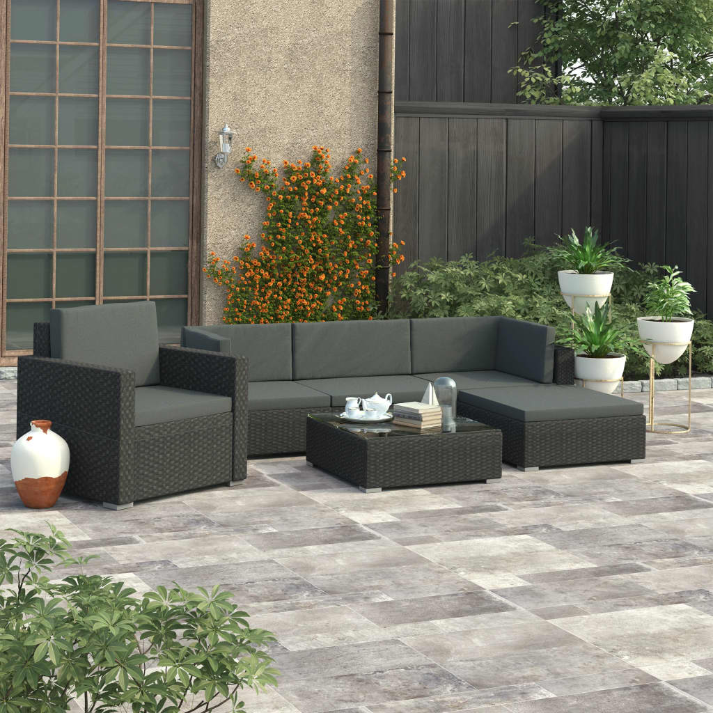 Garden furniture set with cushions, 6 pieces, black, polyrattan