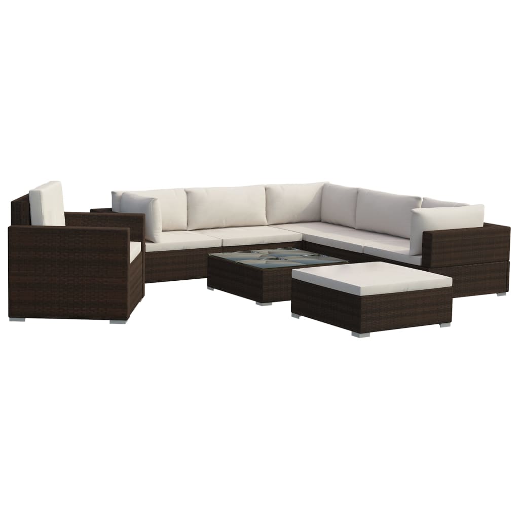 Garden furniture set with cushions, 8 pieces, brown, polyrattan