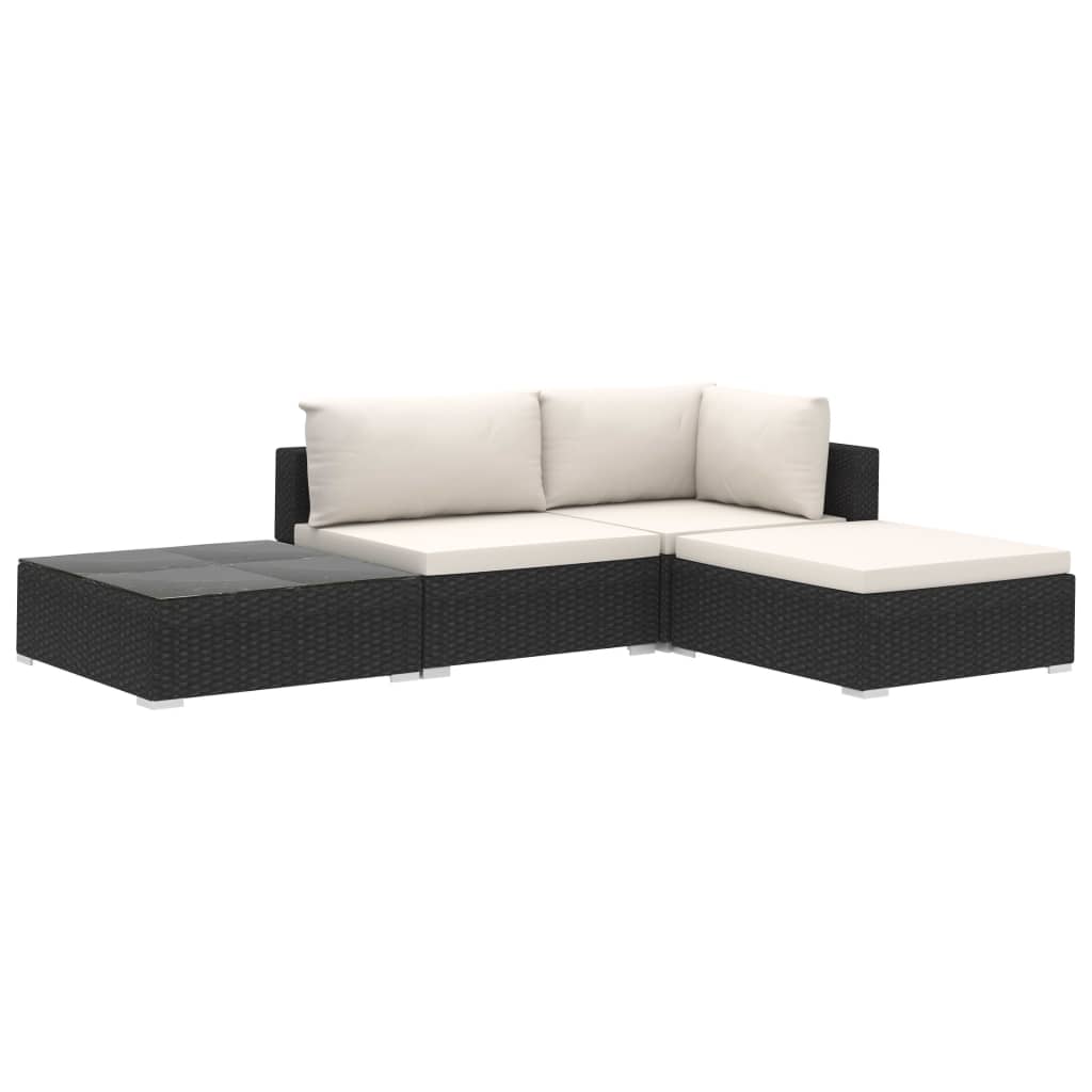 Set mobilier de grădină cu perne, 4 piese, negru, poliratan