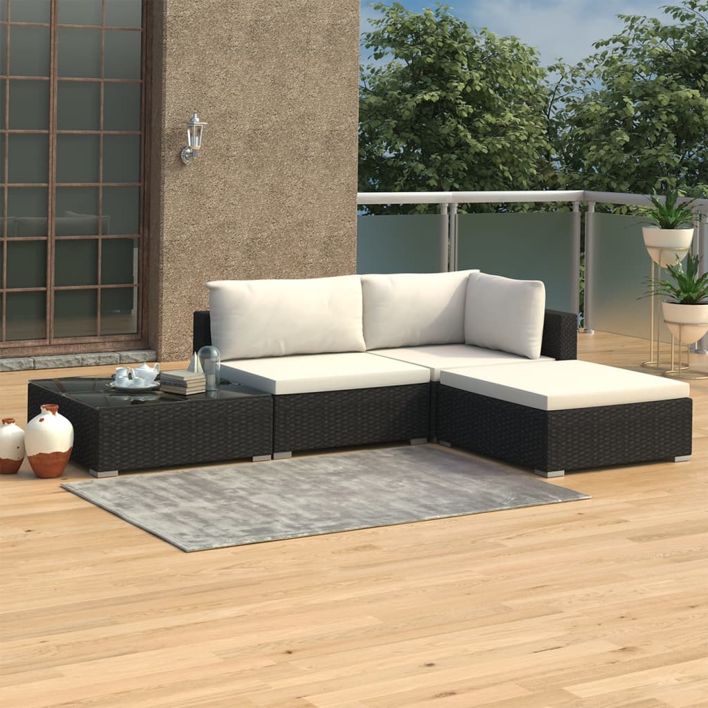 4-piece garden furniture set with cushions, black, polyrattan