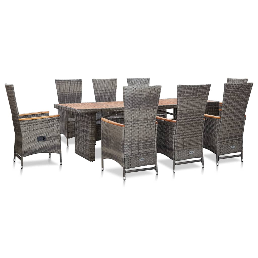 Outdoor furniture set with cushions, 9 pieces, grey, poly rattan