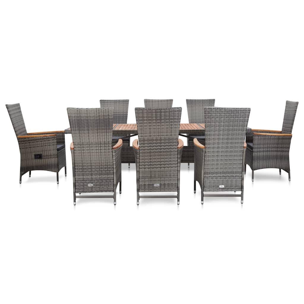 Outdoor furniture set with cushions, 9 pieces, grey, poly rattan