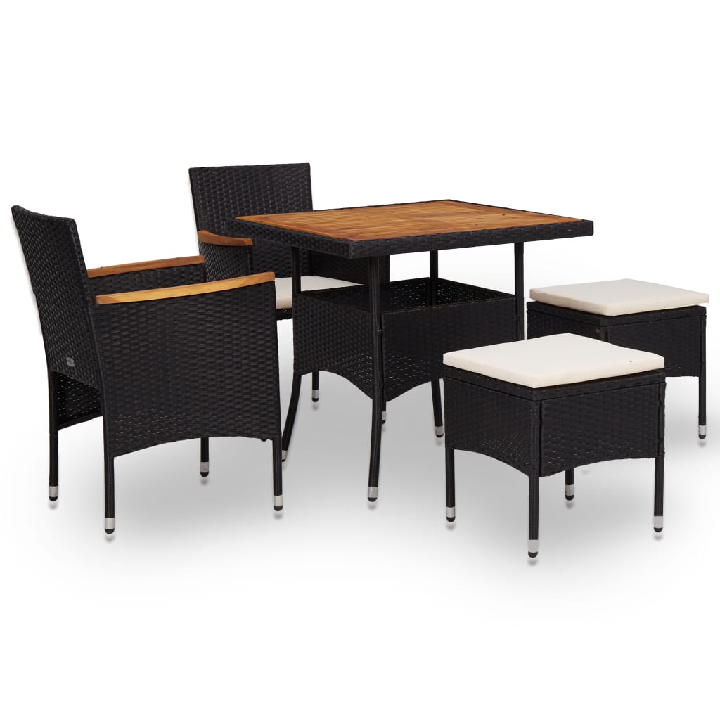 5-piece outdoor furniture set, black, polyrattan, acacia wood