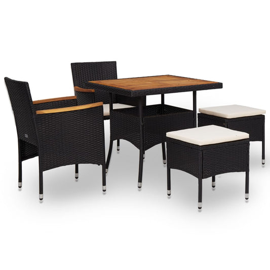 Set mobilier de exterior 5 piese, negru, poliratan, lemn acacia