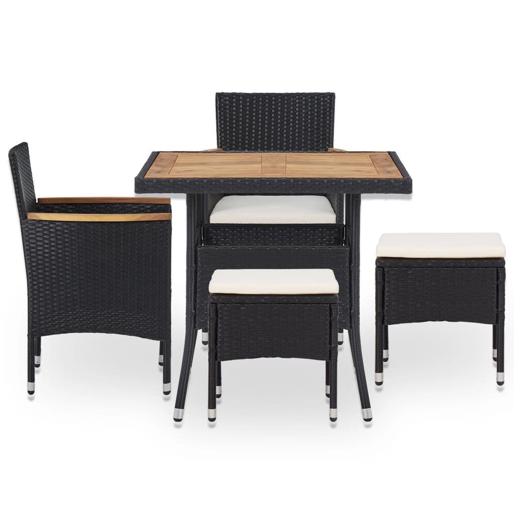 5-piece outdoor furniture set, black, polyrattan, acacia wood