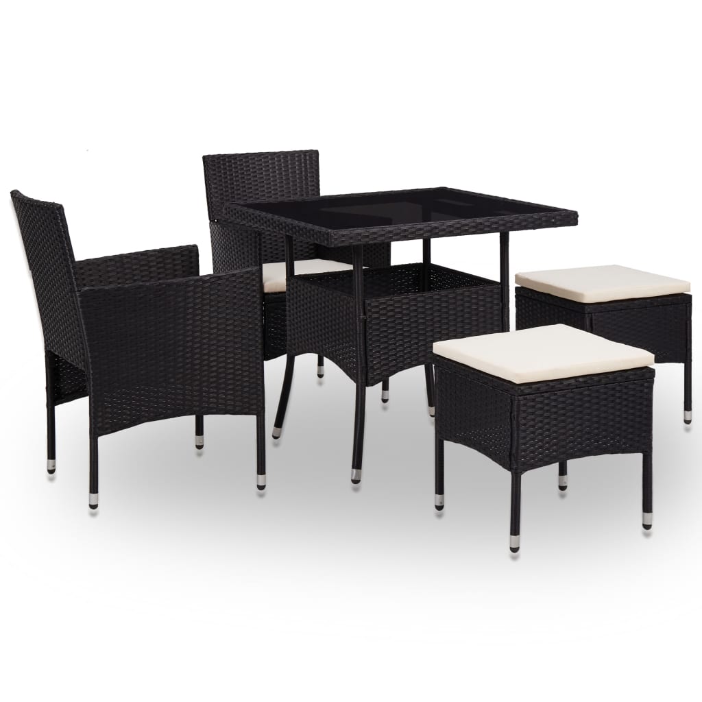 Outdoor furniture set, 5 pieces, black, polyrattan and glass