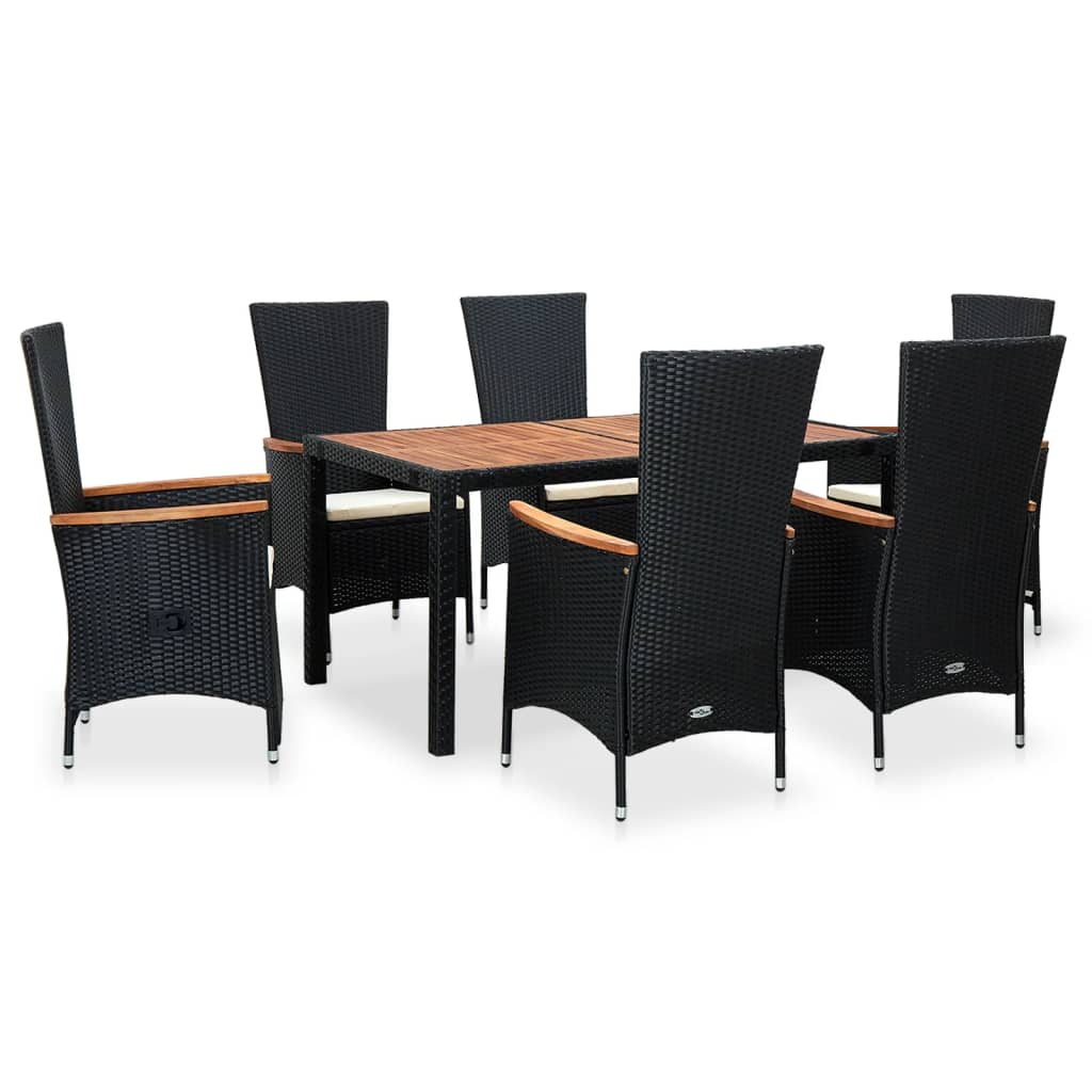 7-piece outdoor furniture set, black, polyrattan, acacia wood