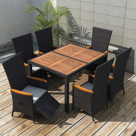 7-piece outdoor furniture set, black, polyrattan, acacia wood