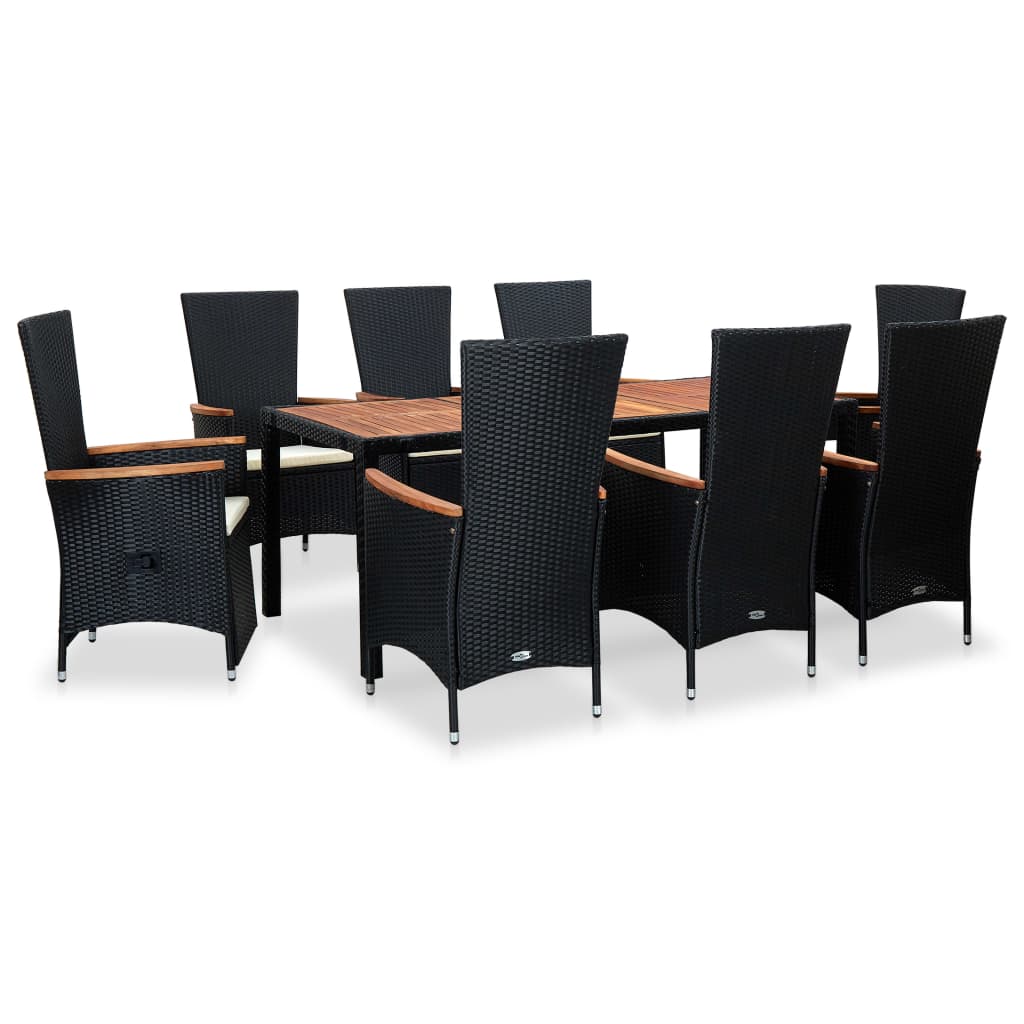 Set mobilier de exterior cu perne, 9 piese, negru, poliratan