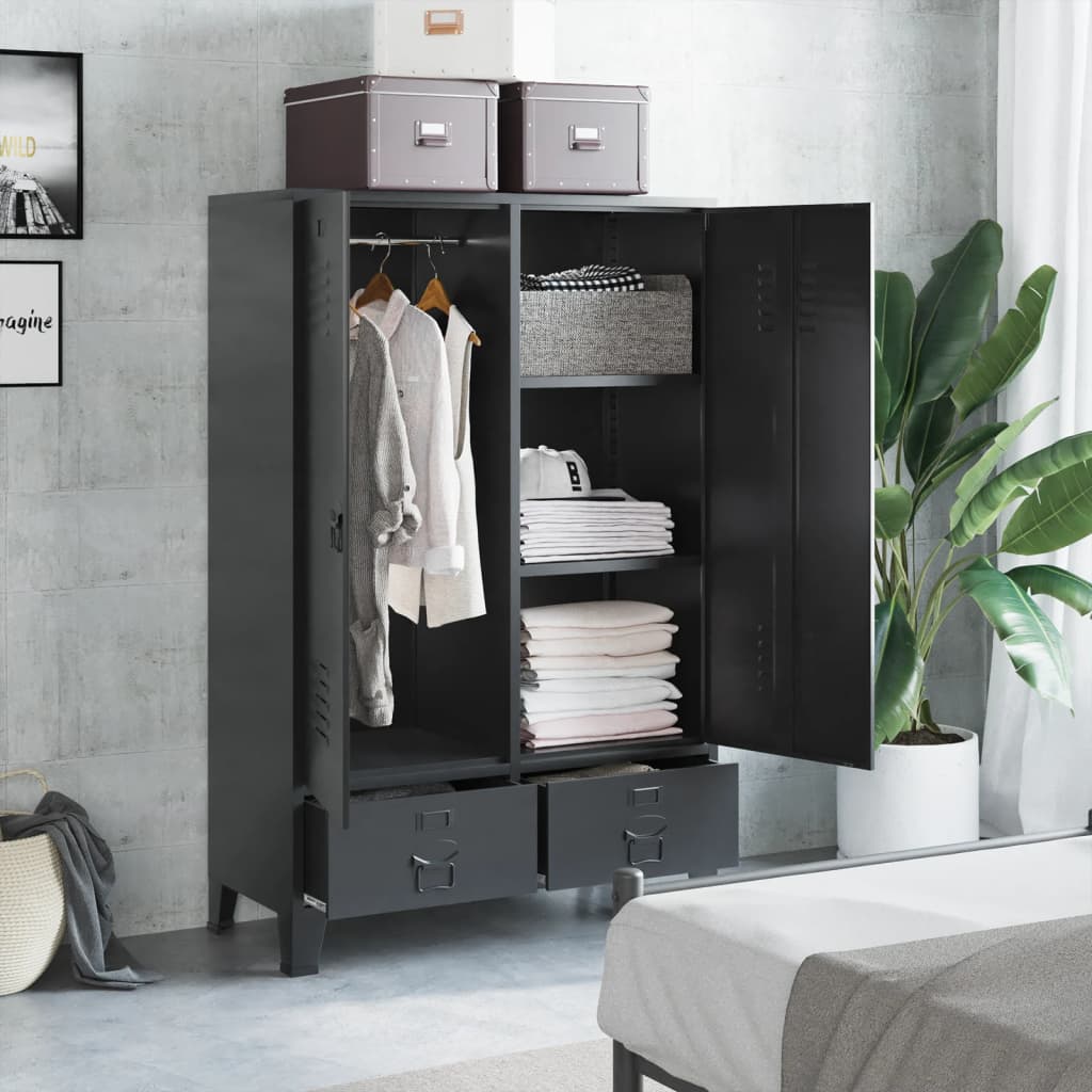 Wardrobe, black, 90 x 40 x 140 cm, steel, industrial