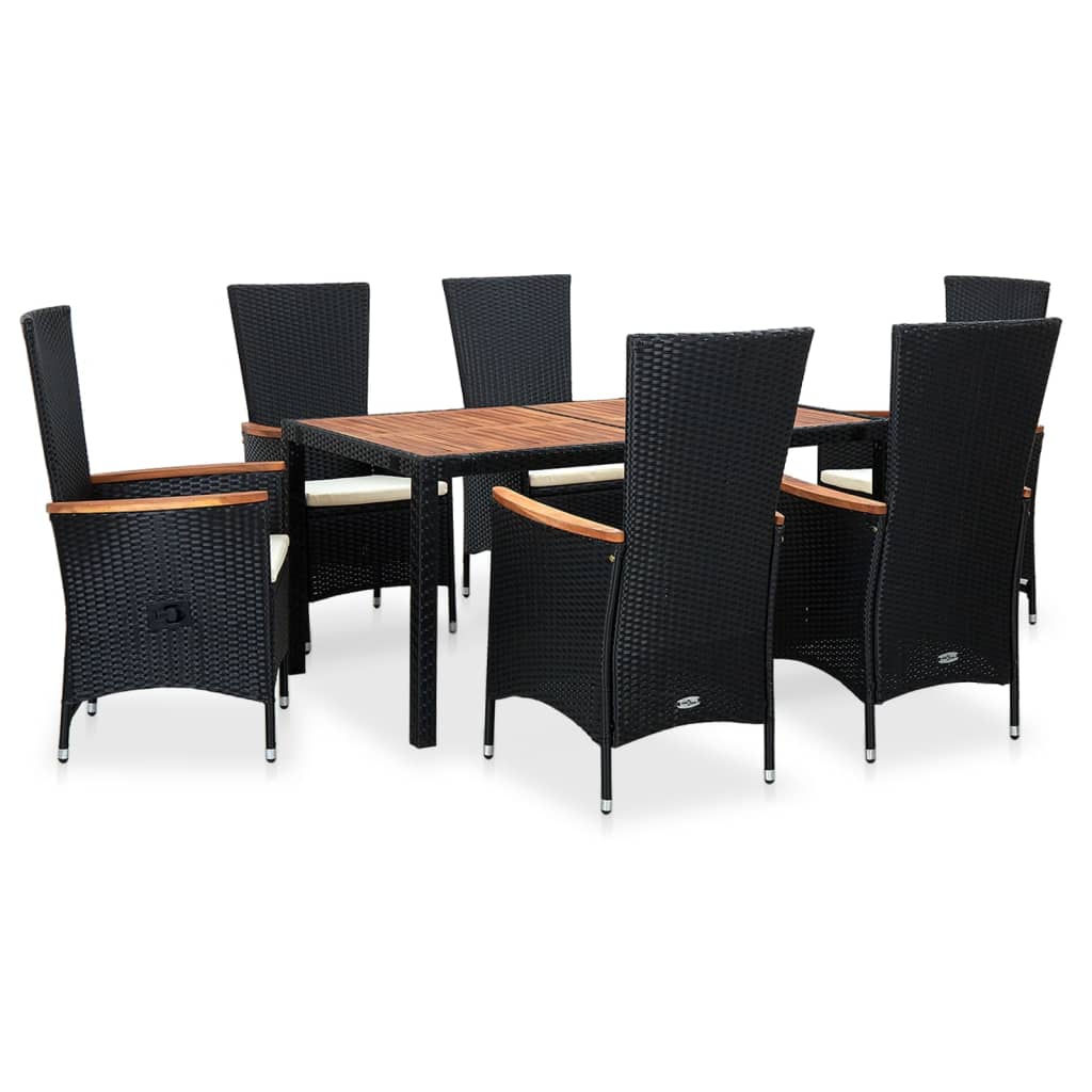 7-piece outdoor furniture set, black polyrattan, acacia wood