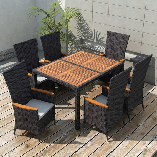 7-piece outdoor furniture set, black polyrattan, acacia wood