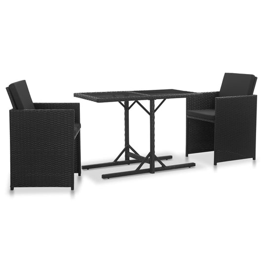 Set mobilier de exterior cu perne, 3 piese, negru, poliratan