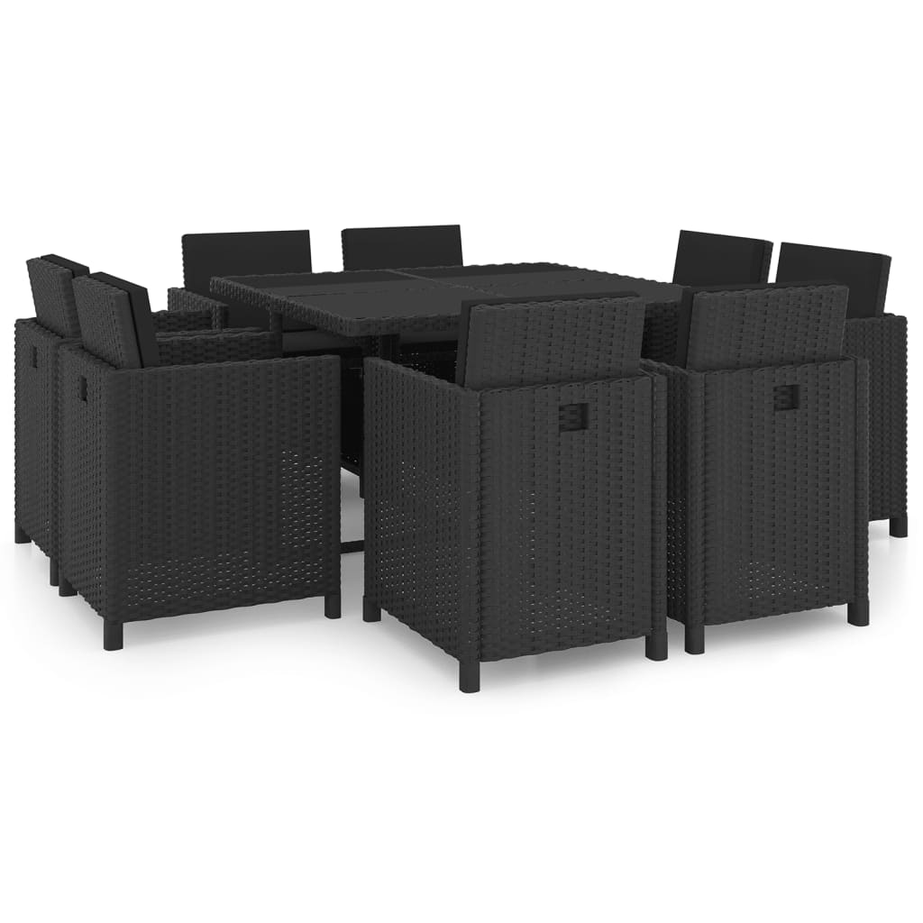 Outdoor furniture set with cushions, 9 pieces, black, polyrattan