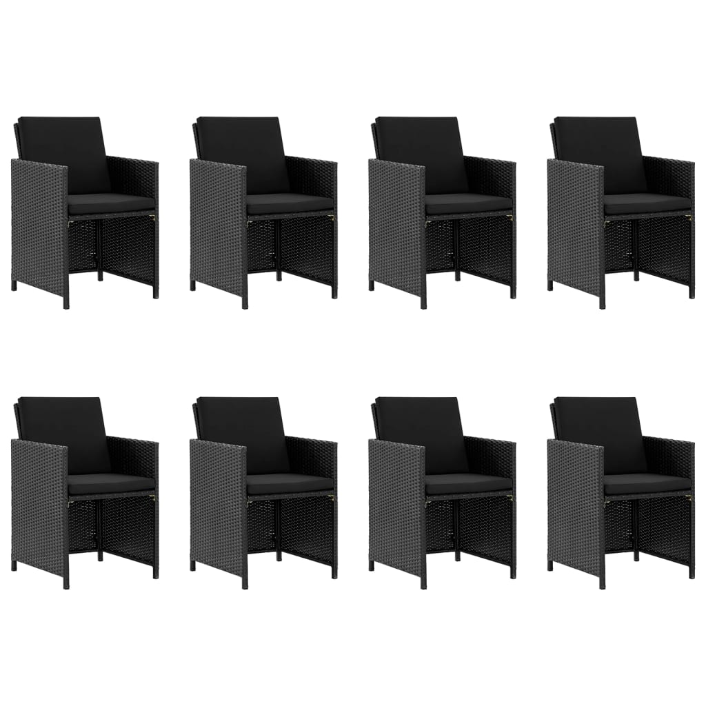 Outdoor furniture set with cushions, 9 pieces, black, polyrattan