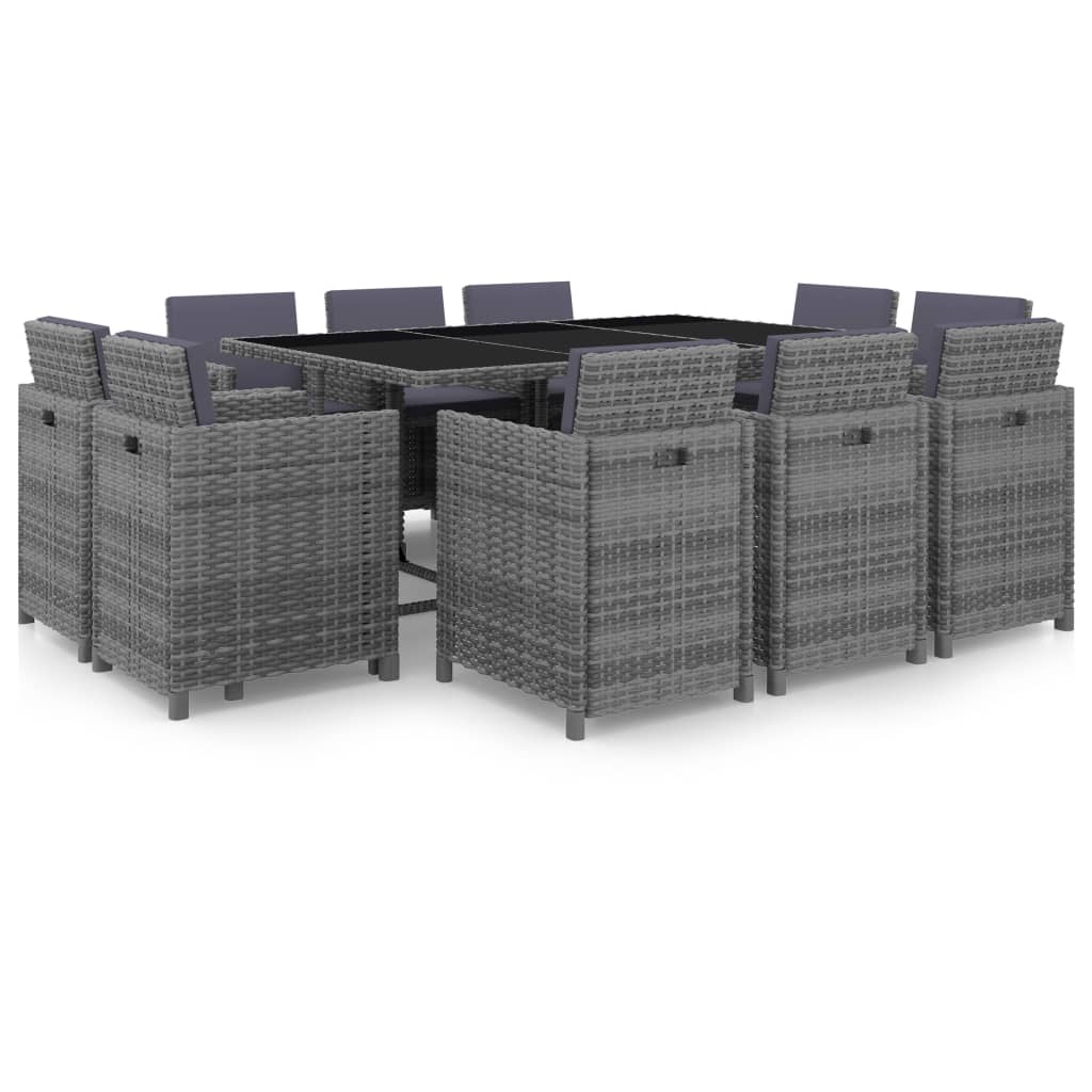 Outdoor furniture set with cushions, 11 pieces, grey, poly rattan