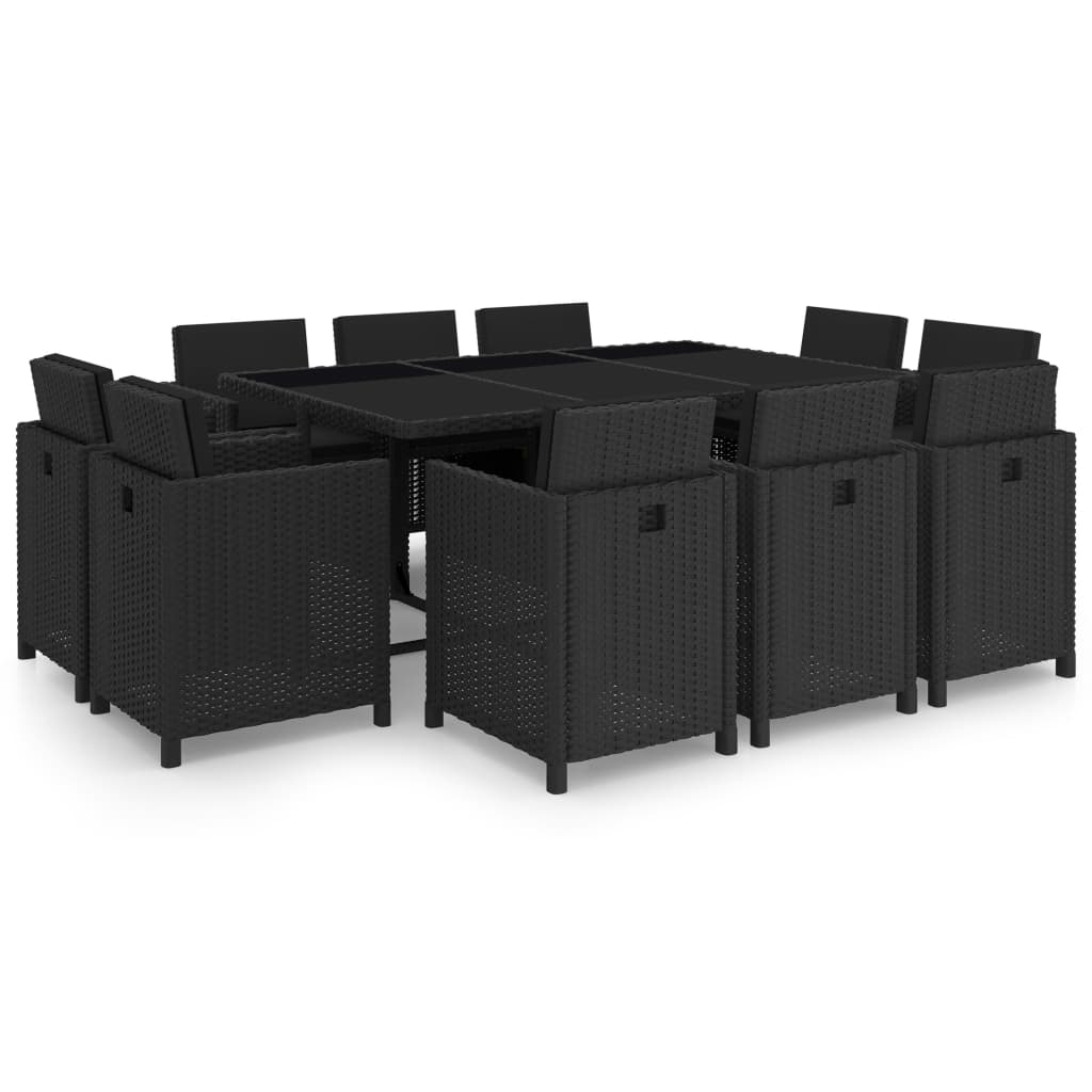 Outdoor furniture set with cushions, 11 pieces, black, polyrattan