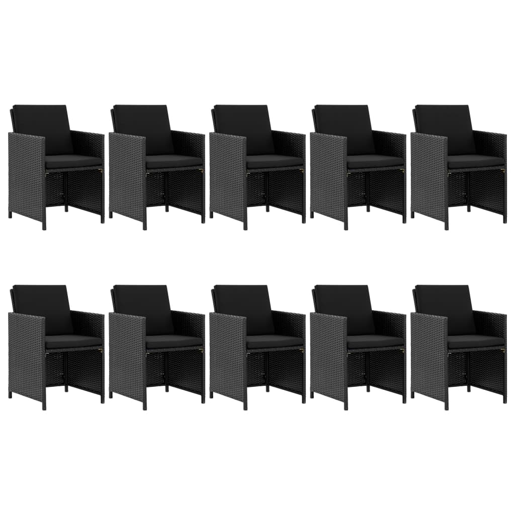 Outdoor furniture set with cushions, 11 pieces, black, polyrattan