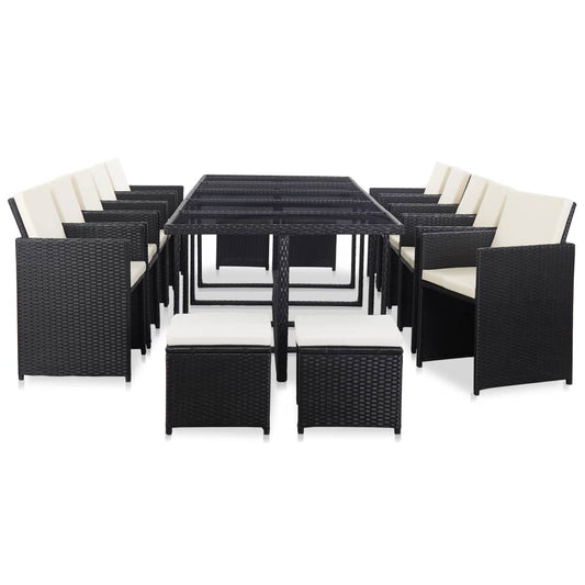 Outdoor furniture set with cushions, 15 pieces, black, polyrattan