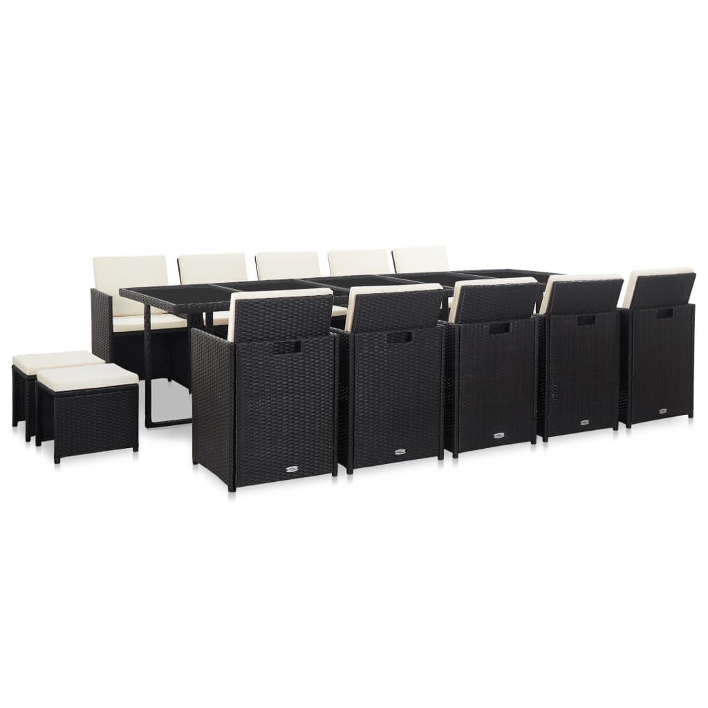 Set mobilier de exterior cu perne, 15 piese, negru, poliratan