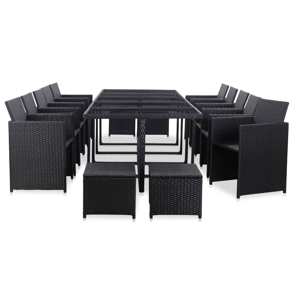 Outdoor furniture set with cushions, 15 pieces, black, polyrattan