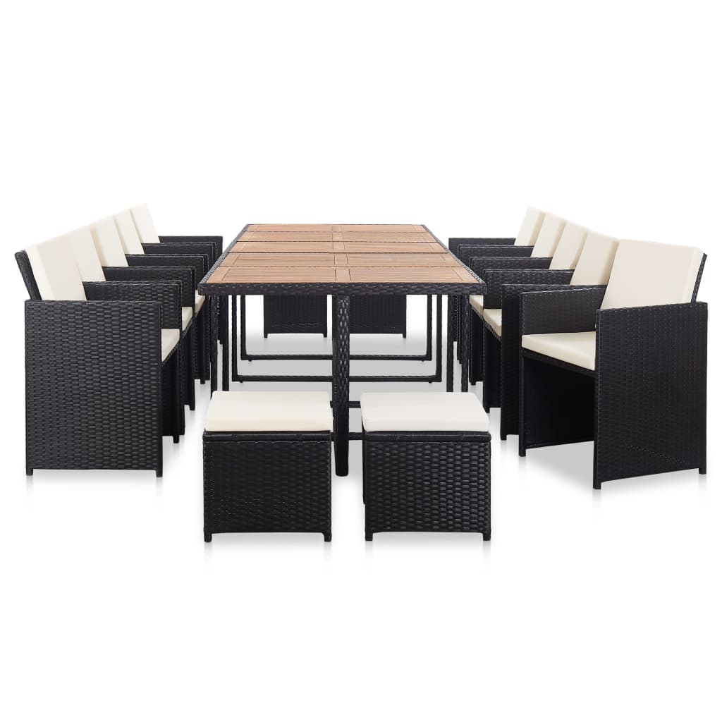 Outdoor furniture set with cushions, 15 pieces, black, polyrattan