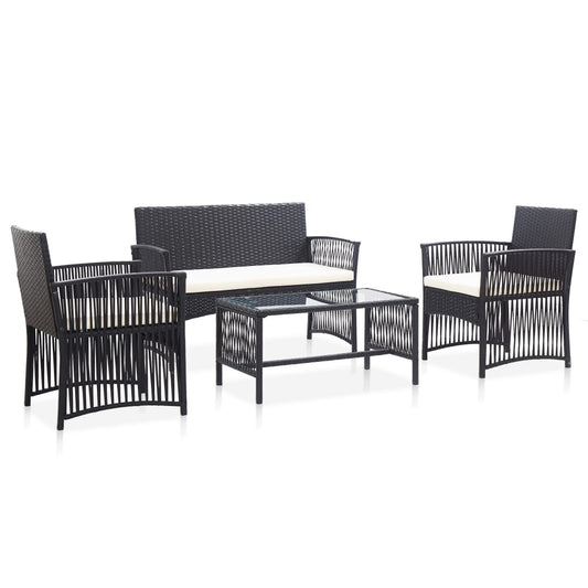 Set mobilier de grădină cu perne, 4 piese, negru, poliratan