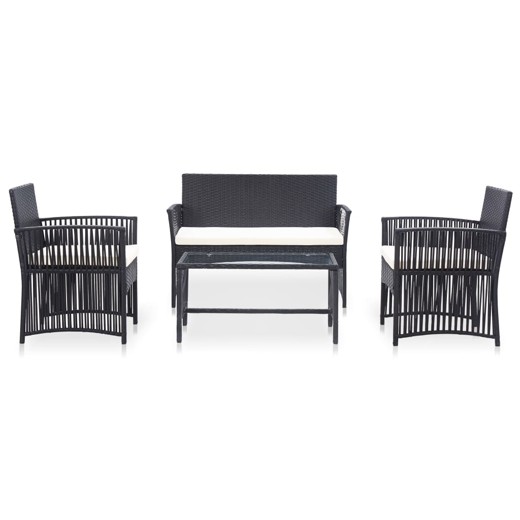 4-piece garden furniture set with cushions, black, polyrattan