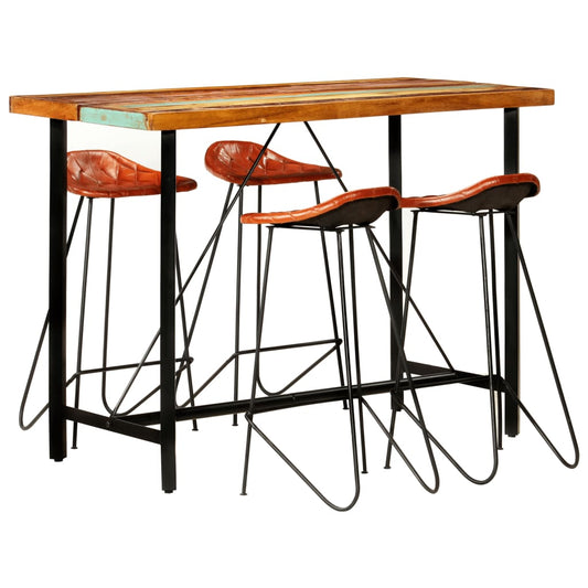 Bar furniture set, 5 pieces, recycled wood and natural leather