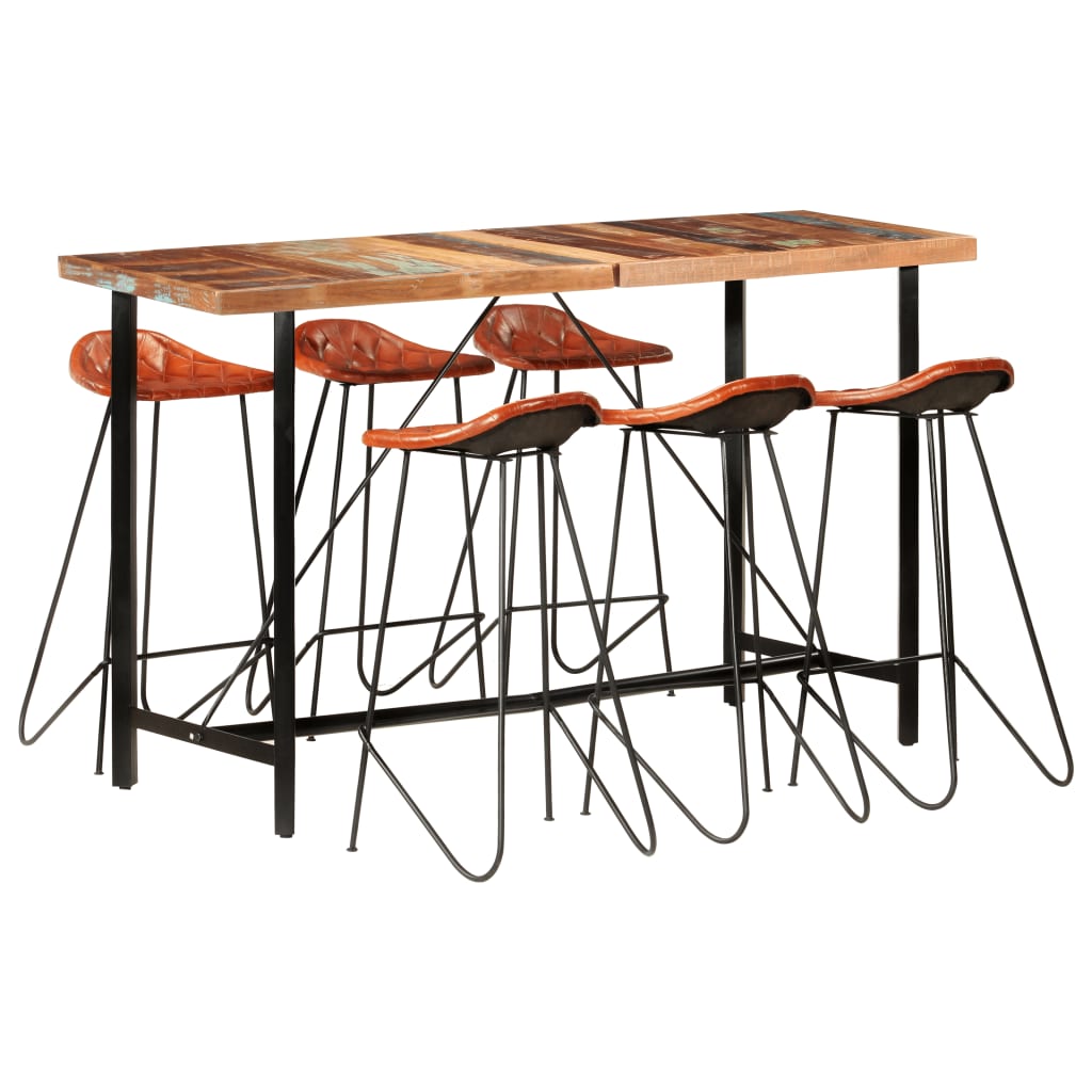 7-piece bar furniture set, solid recycled wood &amp; natural leather