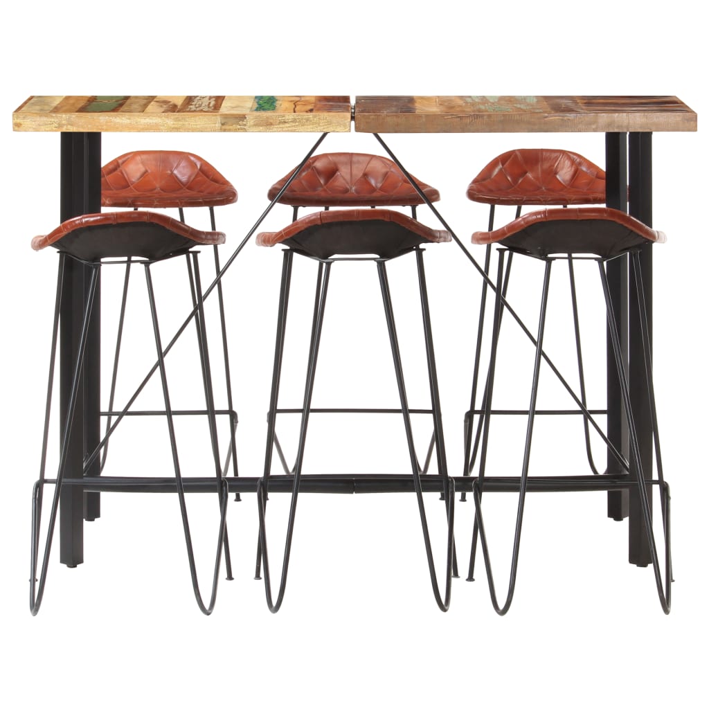 7-piece bar furniture set, solid recycled wood &amp; natural leather