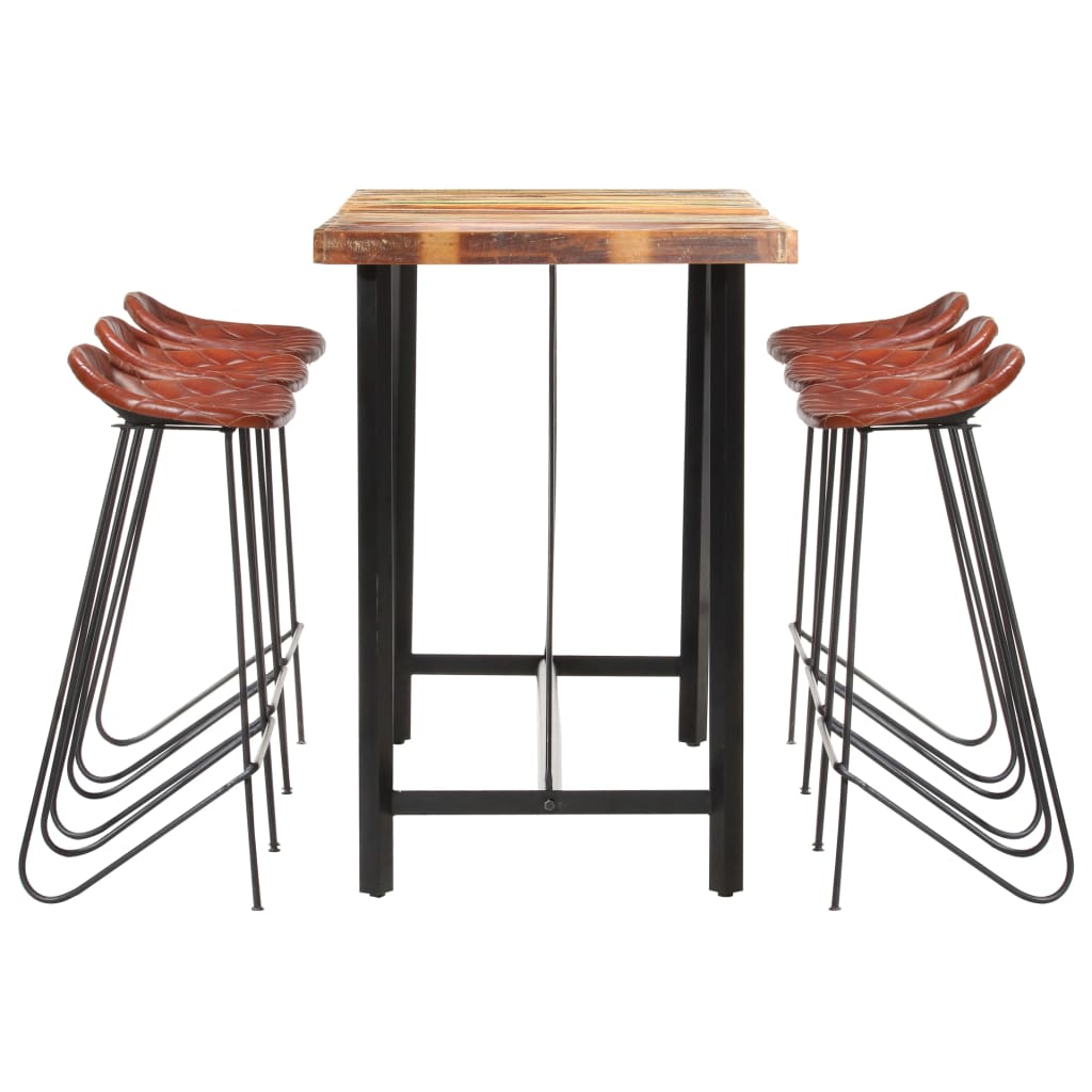 7-piece bar furniture set, solid recycled wood &amp; natural leather