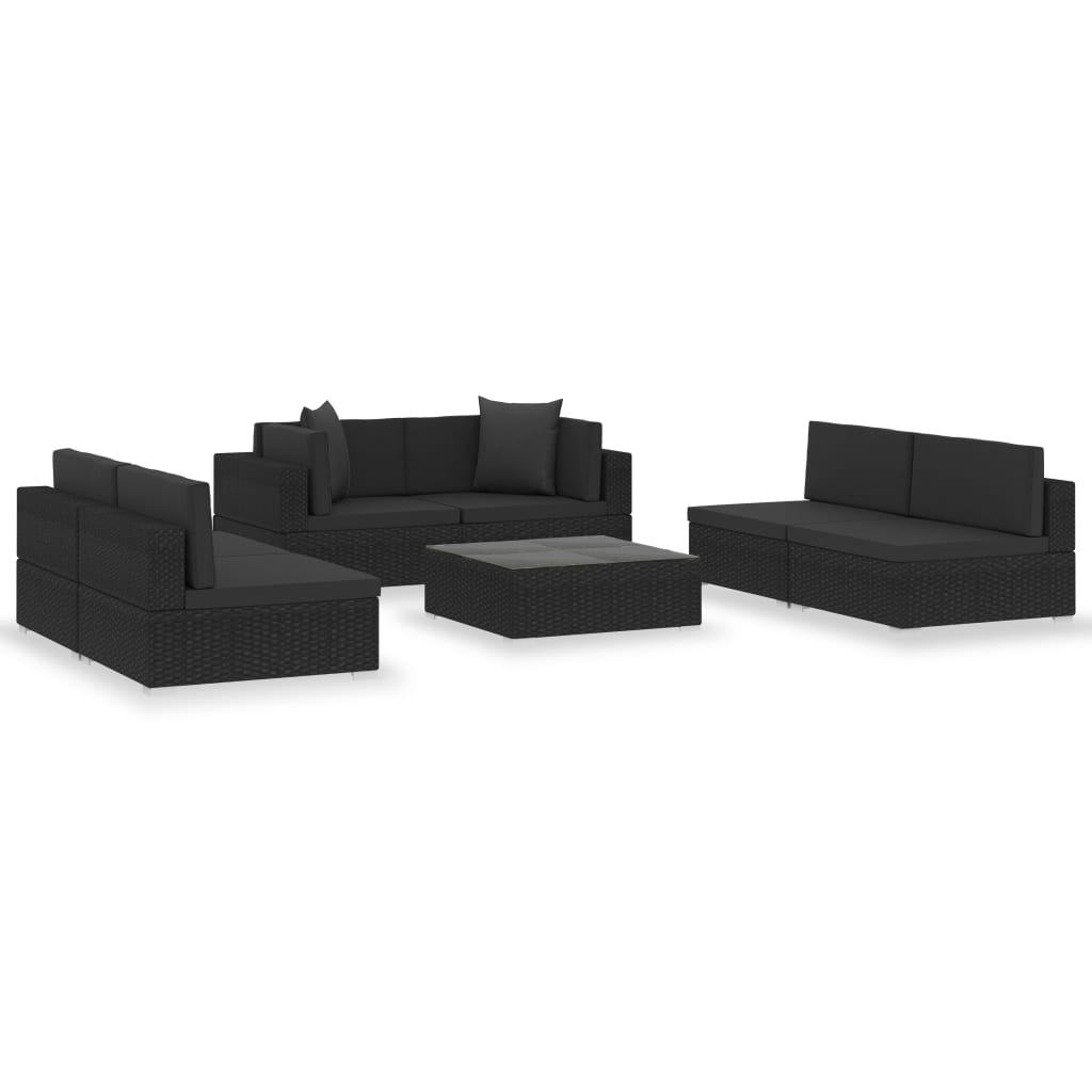 Garden furniture set with cushions, 7 pieces, black, polyrattan