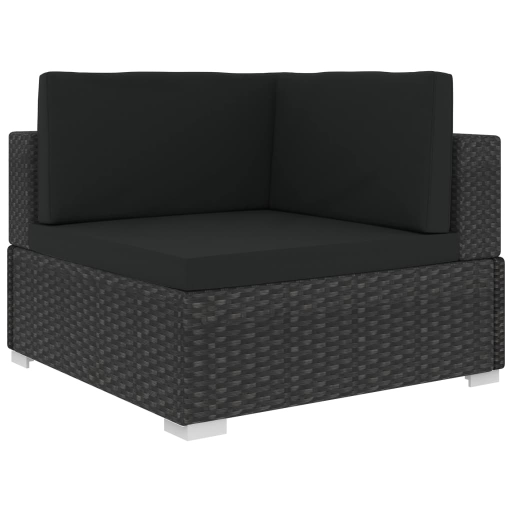 Garden furniture set with cushions, 7 pieces, black, polyrattan