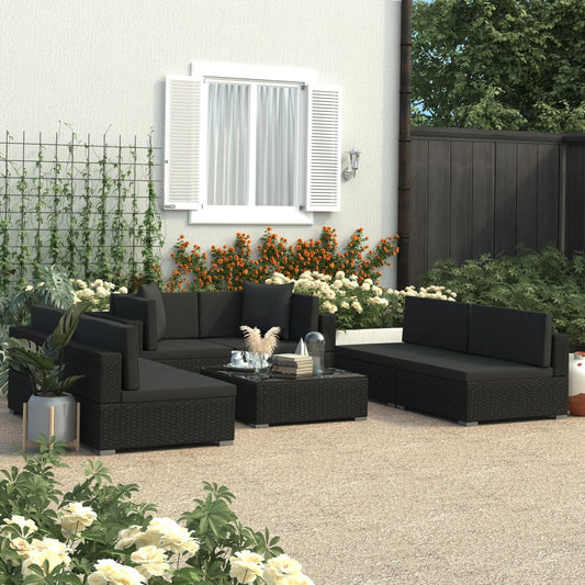 Garden furniture set with cushions, 7 pieces, black, polyrattan