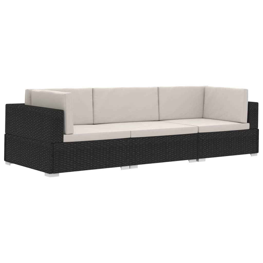 Set mobilier de grădină cu perne, 3 piese, negru, poliratan