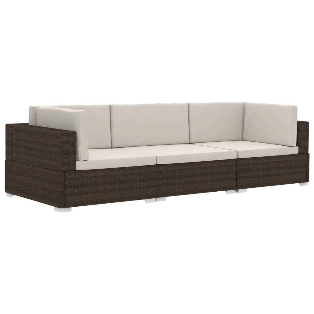 Garden sofa set with cushions, 3 pieces, brown, polyrattan