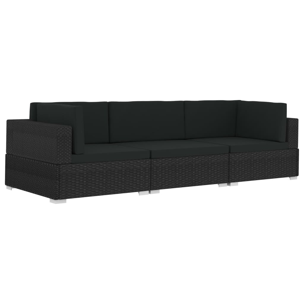 Set mobilier de grădină cu perne, 3 piese, negru, poliratan