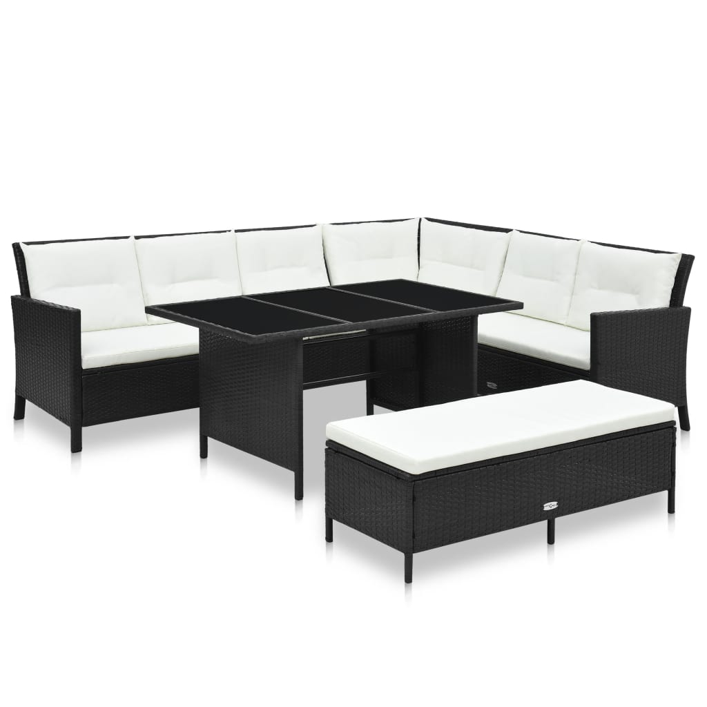 Garden furniture set with cushions, 3 pieces, black, polyrattan