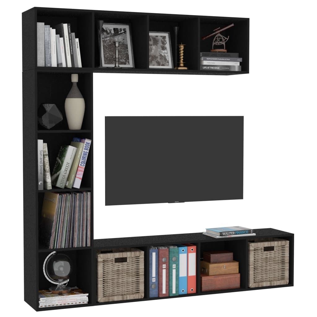 Bookcase/TV cabinet set, 3 pieces, black, 180x30x180 cm