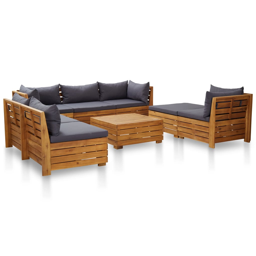 8-piece garden furniture set with cushions, dark grey, acacia wood