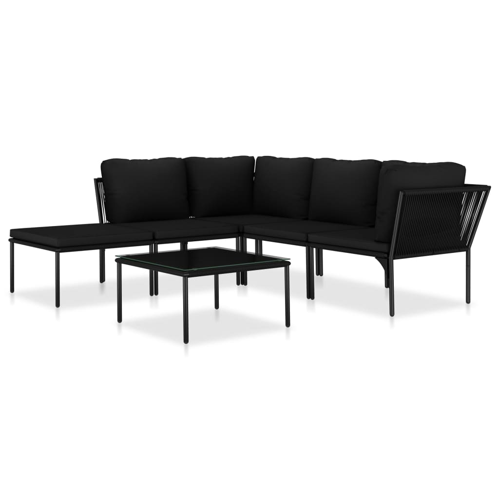 Garden furniture set with cushions, 6 pieces, black, PVC