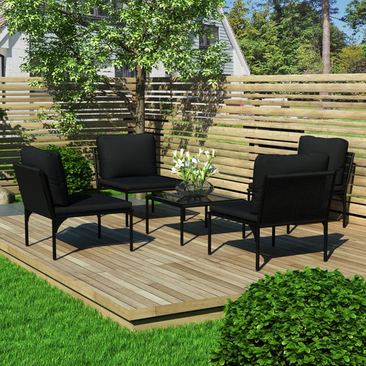 Garden furniture set with cushions, 5 pieces, black, PVC