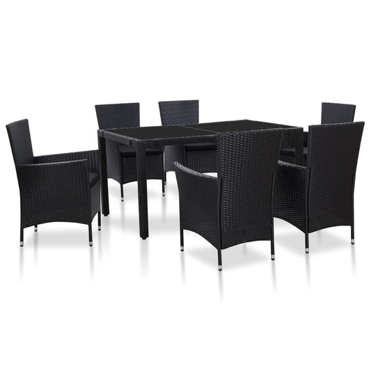 Garden furniture set, 7 pieces, black, polyrattan